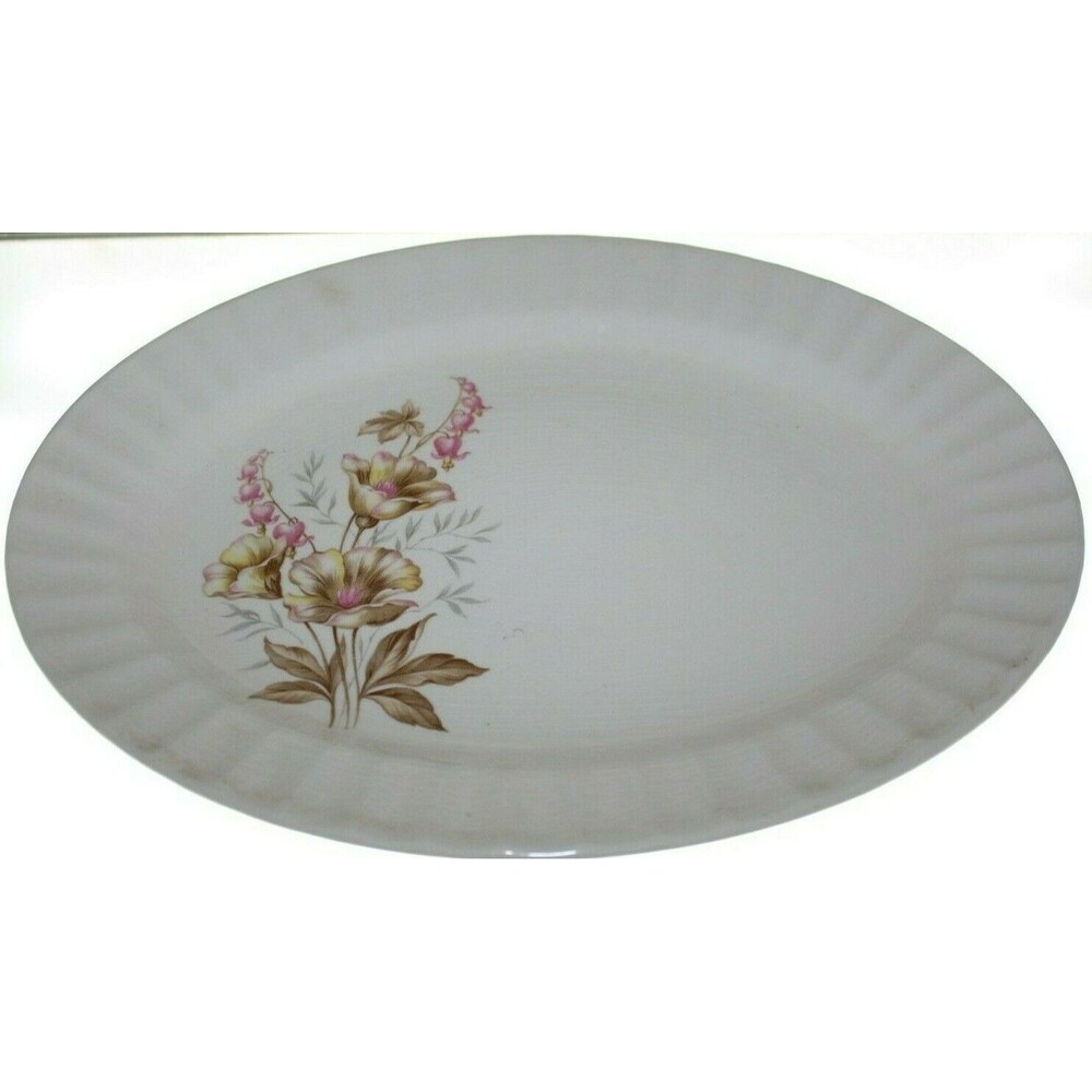 1940's VINTAGE FLORAL EDWIN M KNOWLES CHINA CO 13 3/4" OVAL PLATTER FLUTED EDGE